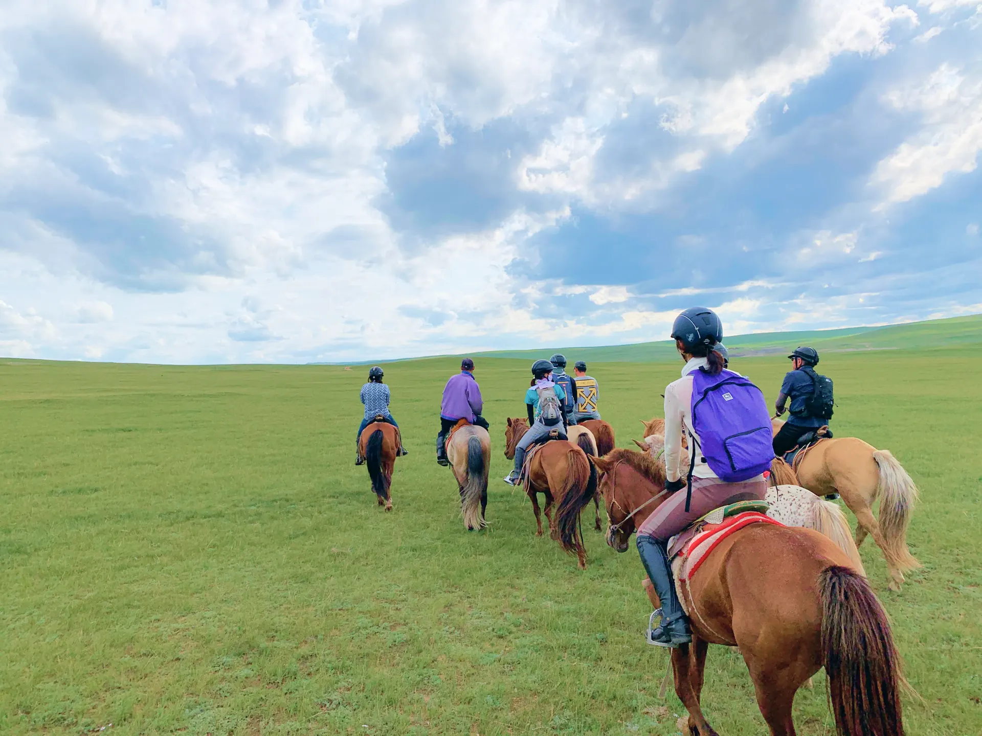 Riders on horseback crossing the green Mongolian steppe