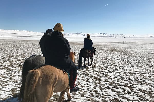 冬のナライハ草原で乗馬